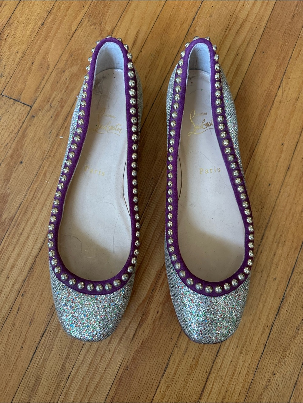 Christian Louboutin Silver Glitter Studded Ballet Flats with Purple Trim
